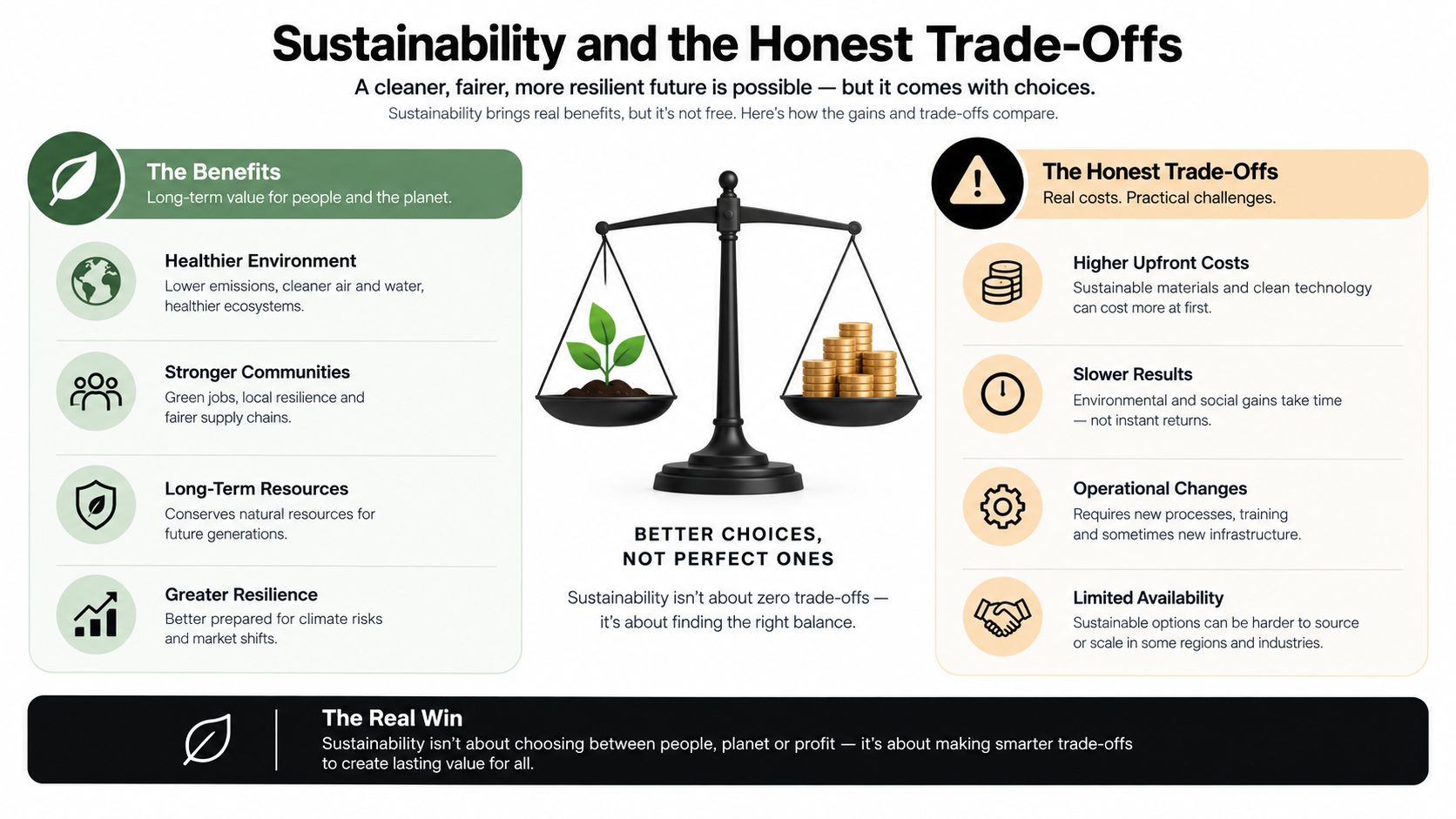 An infographic showing the balance between sustainability benefits and trade-offs, emphasizing long-term value and practical choices.