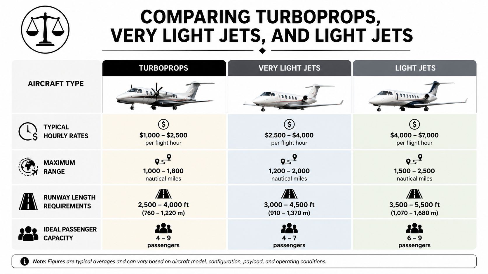 A comparison chart showing typical costs, range, runway requirements, and passenger capacity for turboprops, very light jets, and light jets.