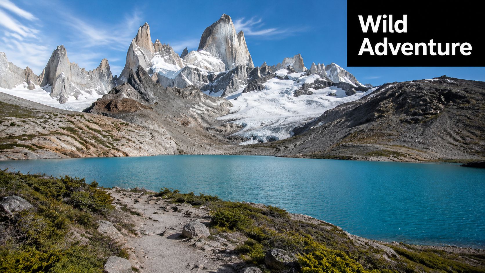 A breathtaking view of Mount Fitz Roy and a vibrant turquoise glacial lake in Patagonia, Argentina.