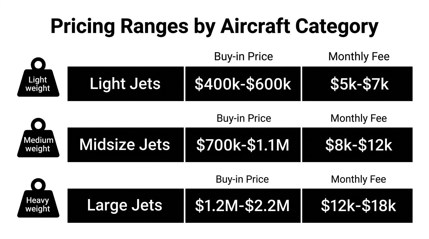 A chart comparing buy-in prices and monthly fees for light, midsize, and large private jet categories.