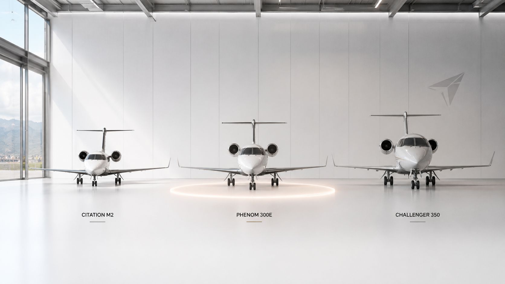 Three luxury private jet aircraft parked in a clean, modern hangar ready for corporate business travel.
