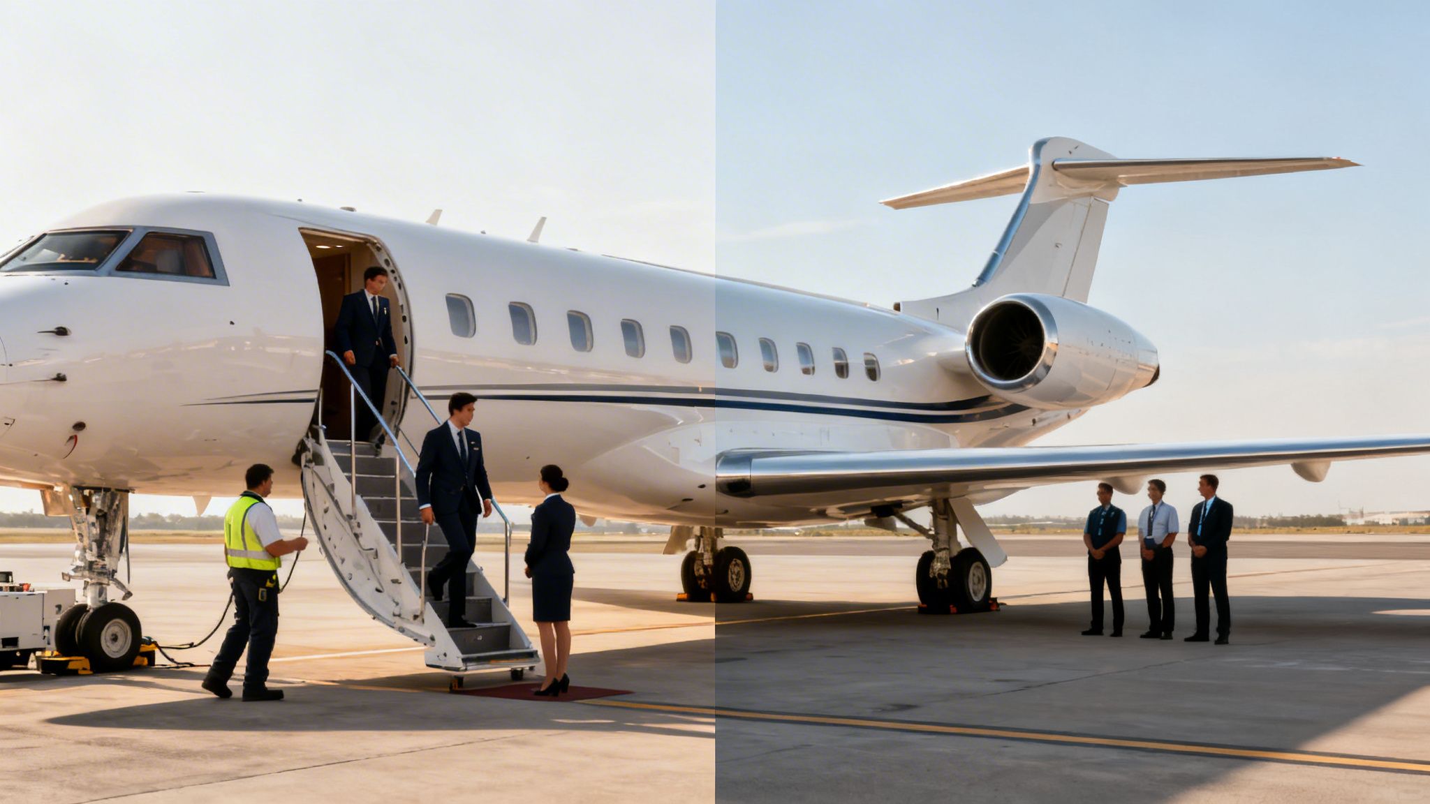 Businessmen deplaning a private jet, greeted by crew on a sunny tarmac.