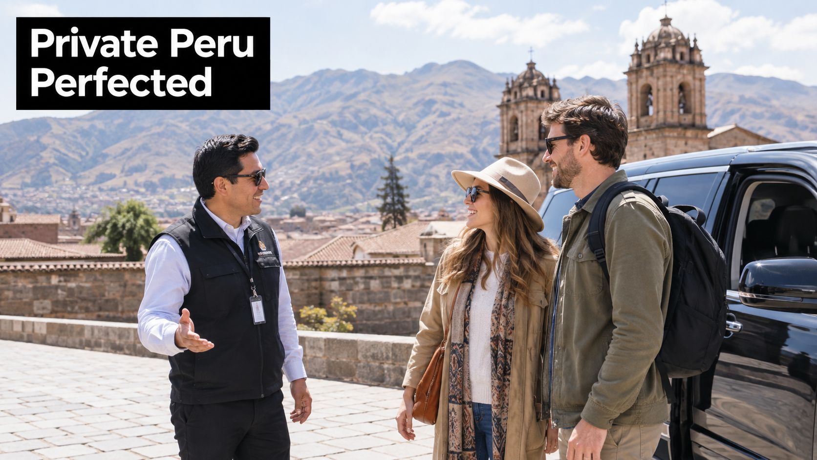 A professional guide talking to a couple next to a luxury SUV with scenic Peruvian mountain backdrop.
