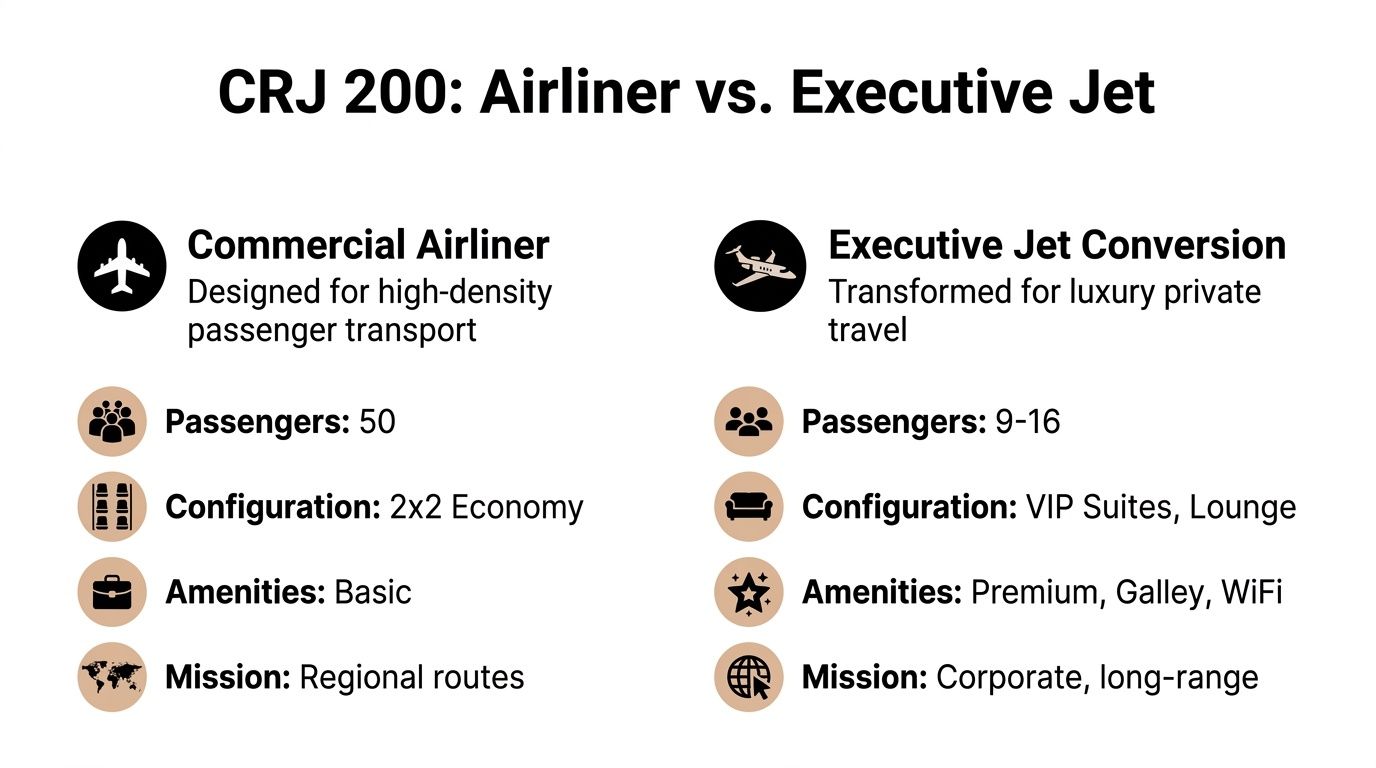 A comparison chart showing the differences between a commercial CRJ 200 airliner and an executive jet conversion.