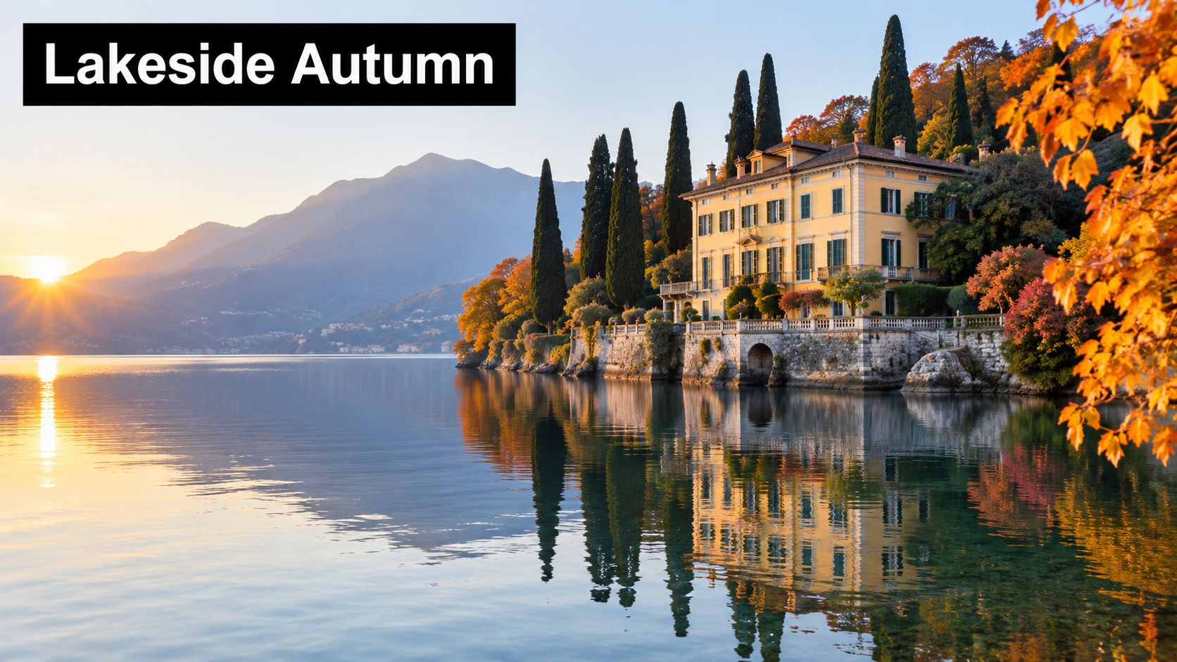 A scenic view of a grand yellow villa reflecting in Lake Como during a golden autumn sunset.
