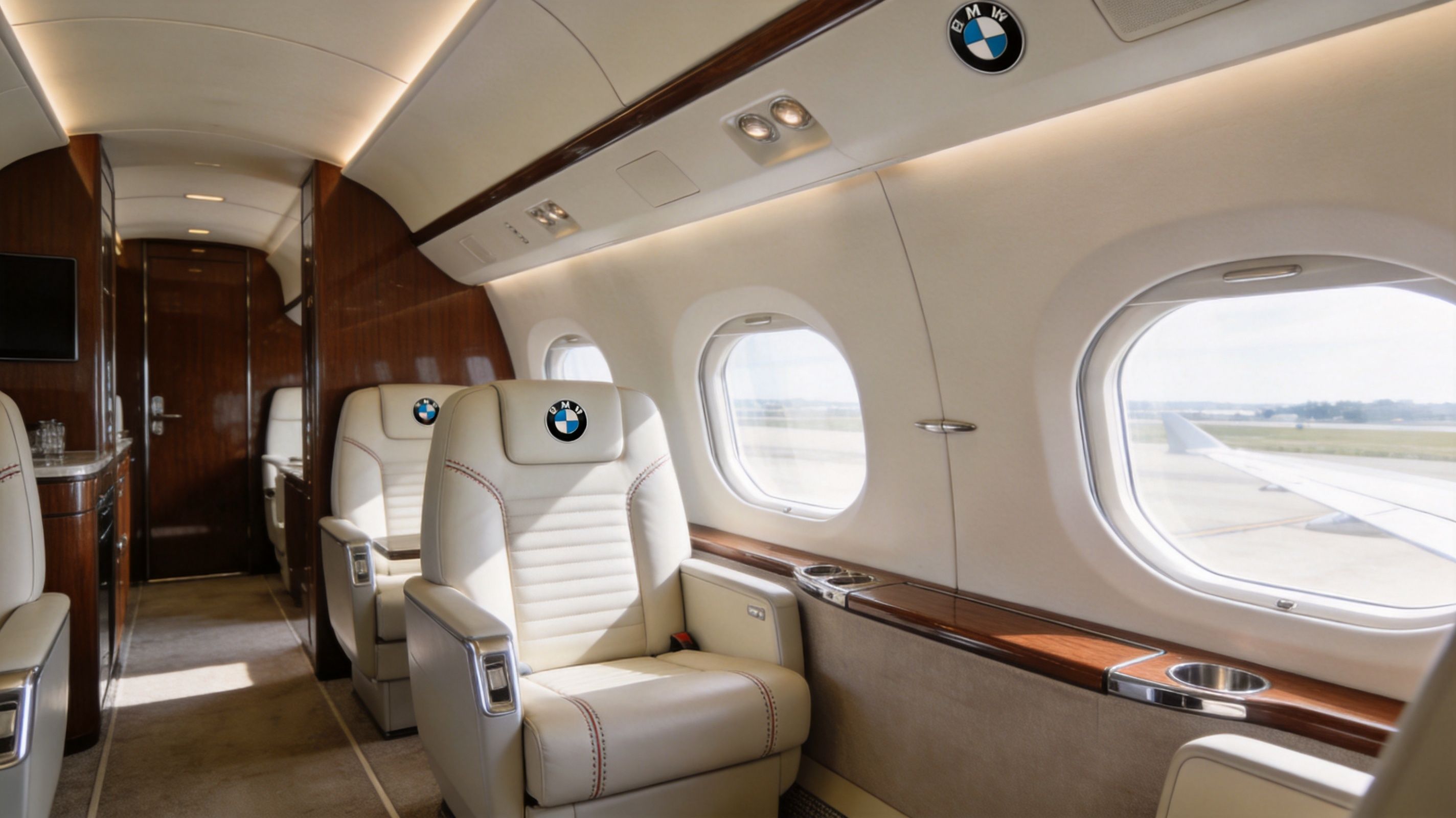 Luxurious interior of a private jet cabin featuring BMW branded white leather seats and dark wood accents.