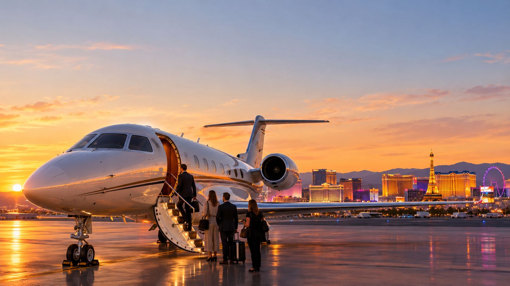 Passengers boarding a luxury private jet at a Las Vegas airport during a beautiful golden sunset.