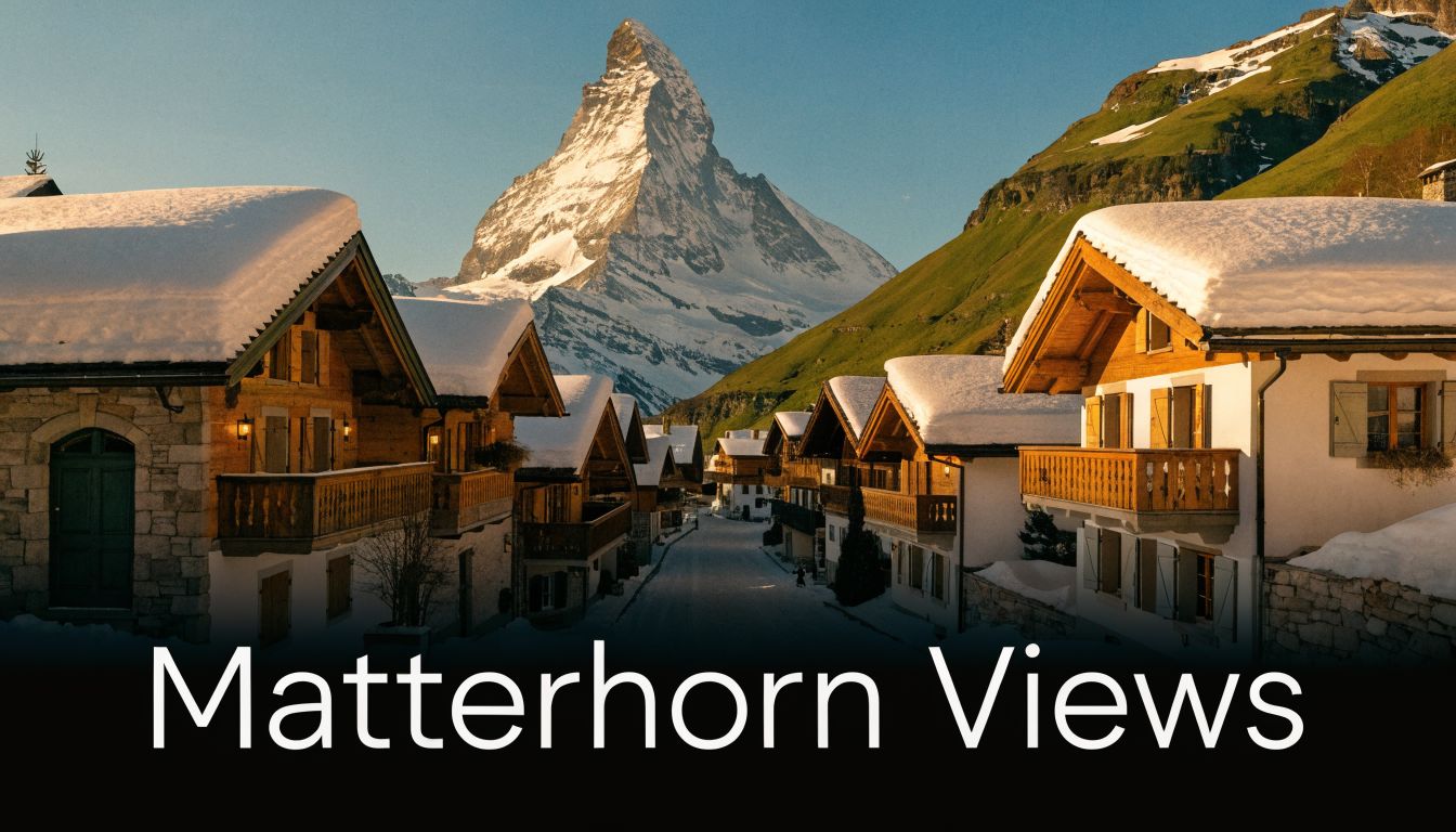 A picturesque snowy village street in Switzerland with a stunning view of the iconic Matterhorn mountain peak.