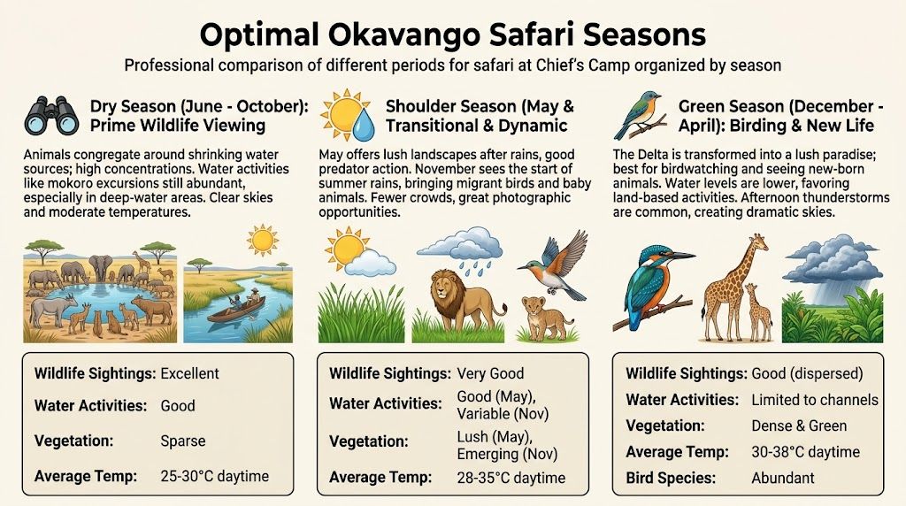 An infographic comparing the Dry, Shoulder, and Green seasons for safari wildlife viewing at Chief's Camp.