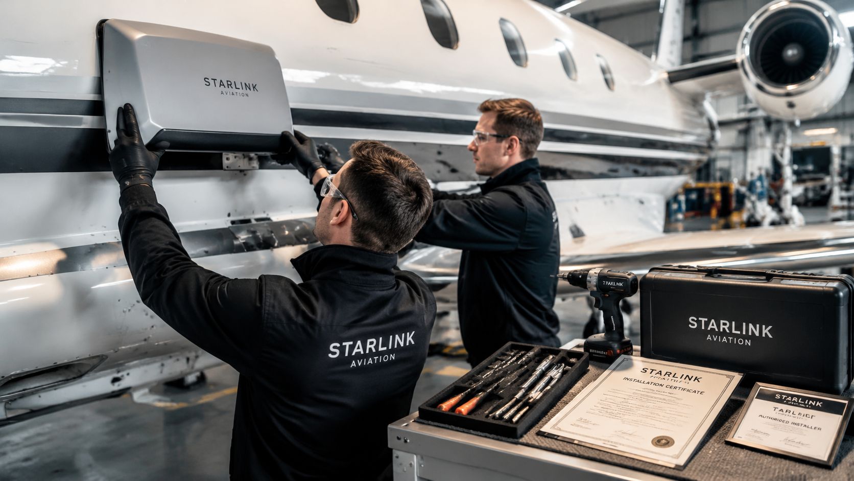 Two technicians wearing black shirts install a Starlink Aviation satellite antenna onto the fuselage of a private jet.