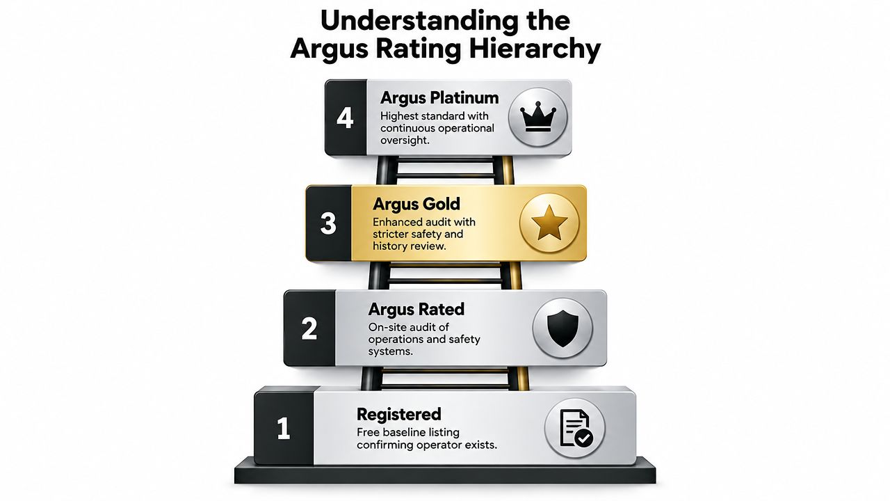 A pyramid chart showing the four levels of the Argus rating hierarchy for aircraft charter operators.