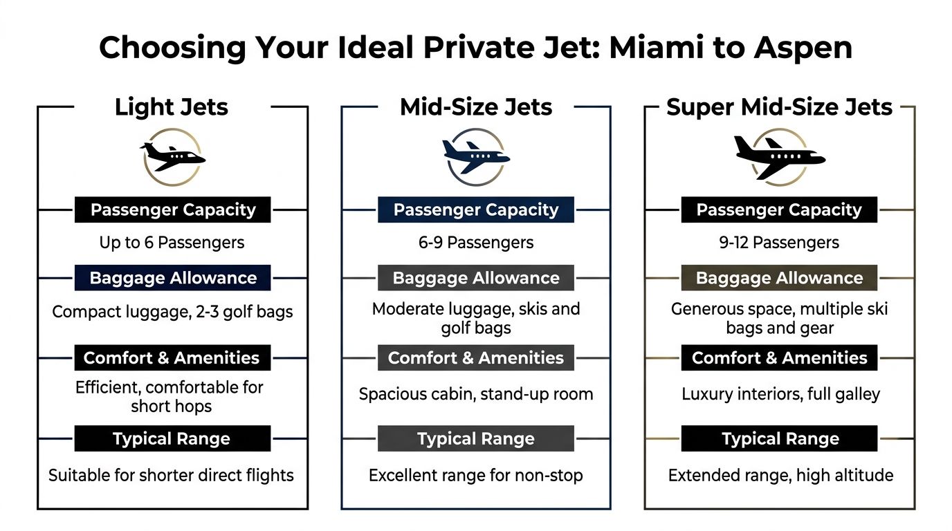 A comparison chart for selecting private jet sizes for travel from Miami to Aspen, categorizing by capacity and amenities.