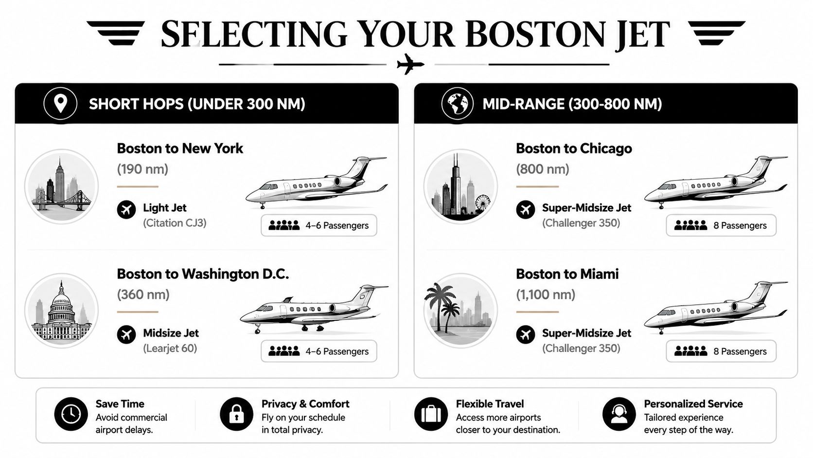 An infographic showing recommended private jet aircraft models for various flight distances departing from Boston.