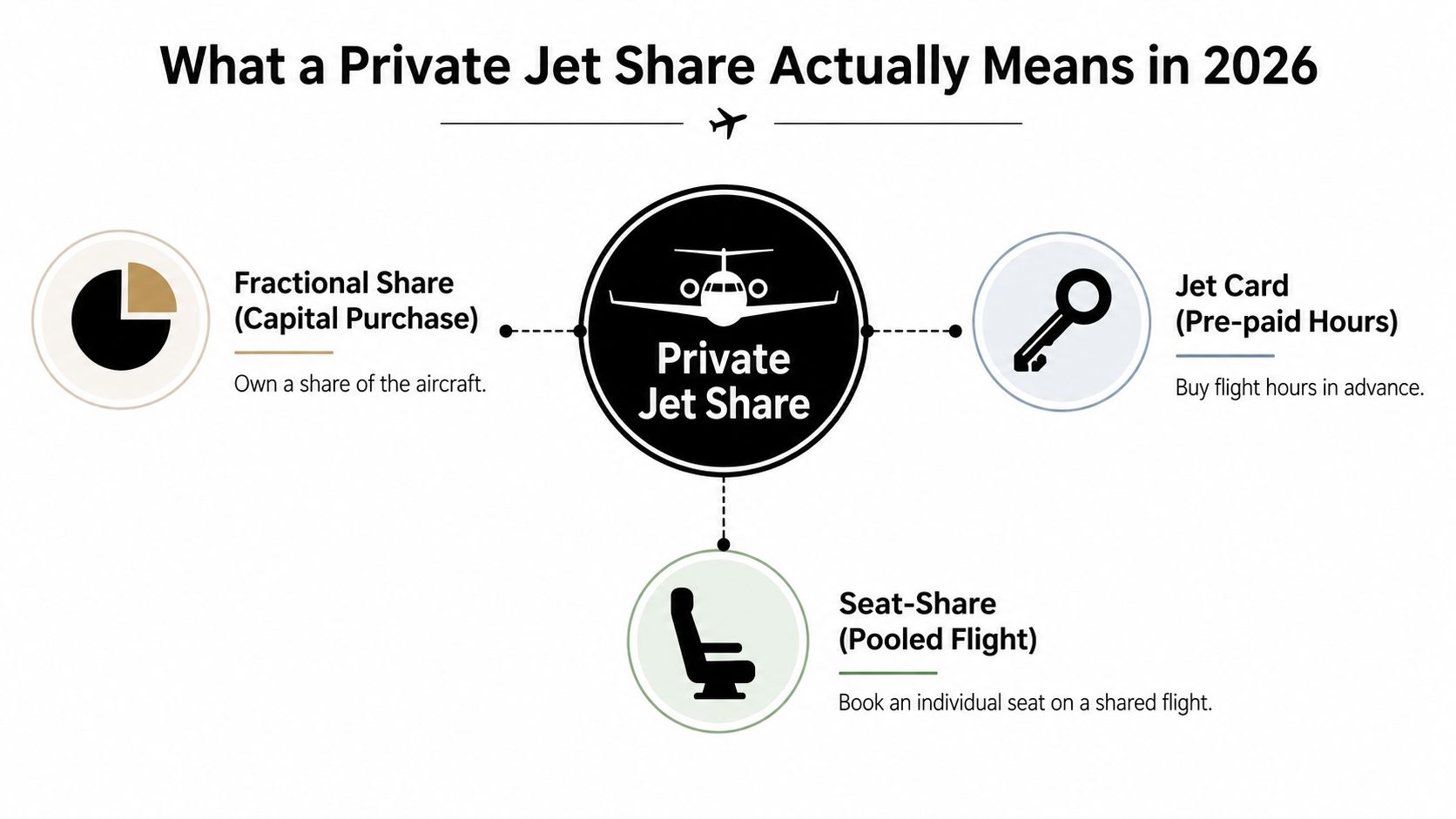 An infographic titled What a Private Jet Share Actually Means in 2026 outlining three options for private air travel.