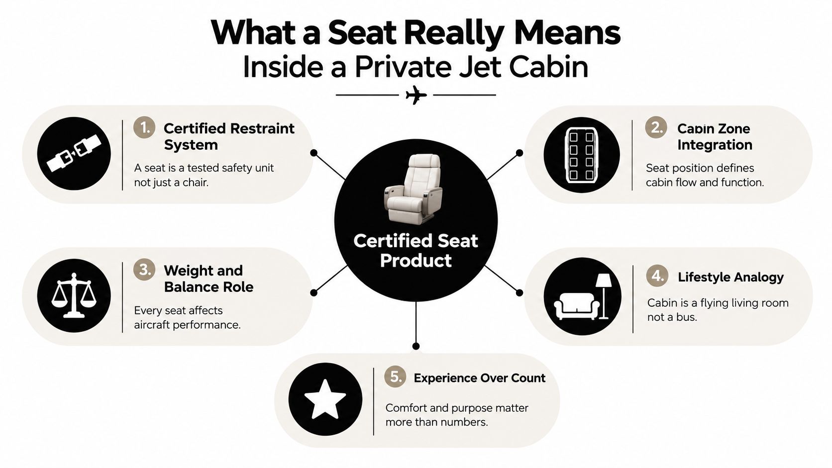 An infographic titled What a Seat Really Means Inside a Private Jet Cabin explaining five key aspects.