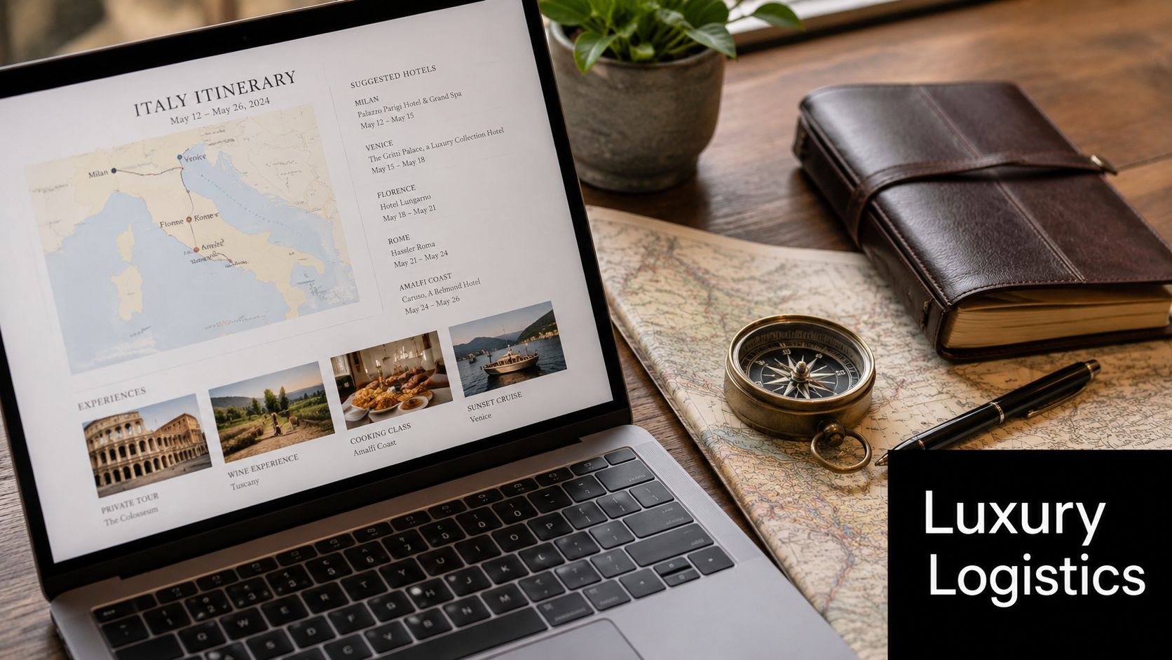 A laptop showing an Italy luxury travel itinerary, with a vintage map, compass, and leather notebook nearby.