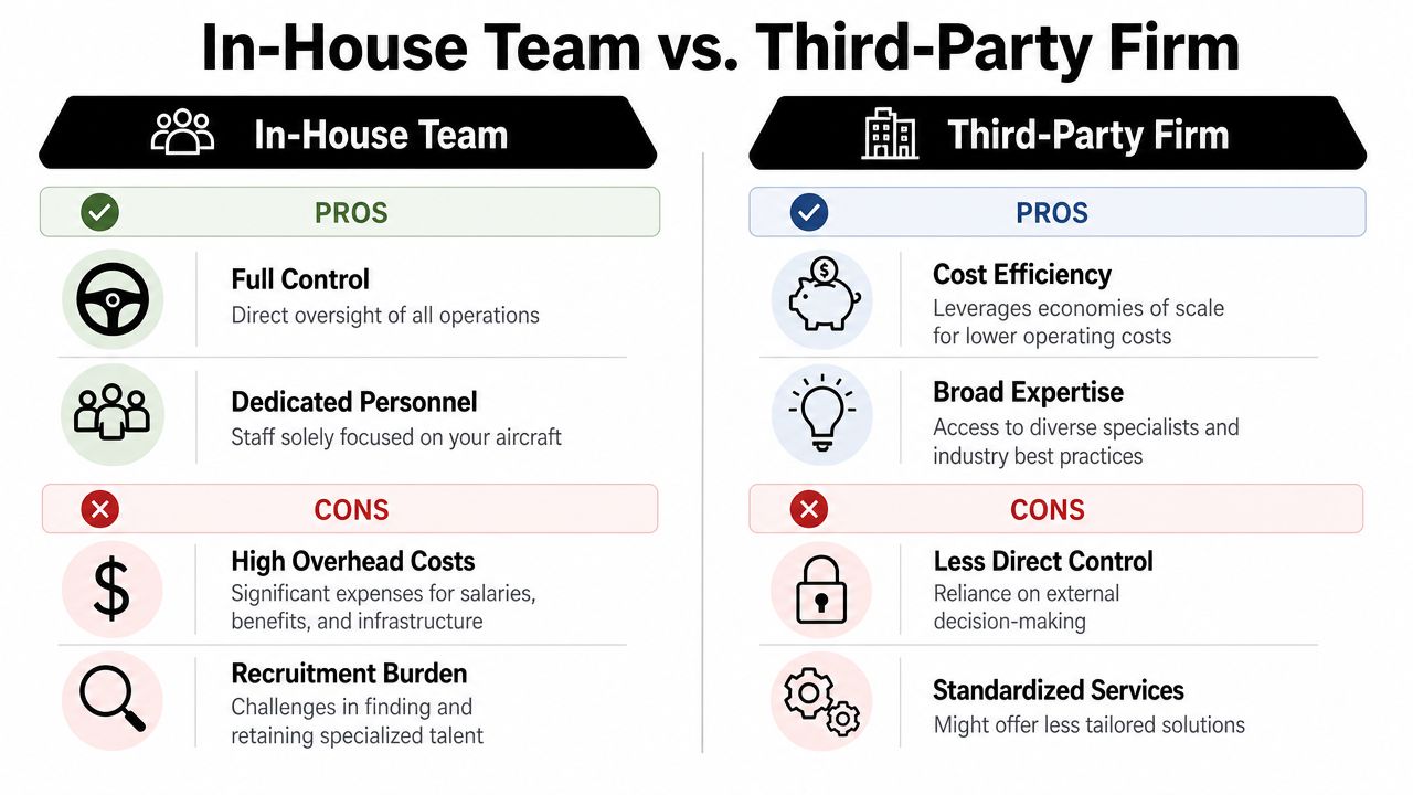 A comparison chart outlining the pros and cons of hiring an in-house team versus a third-party firm.