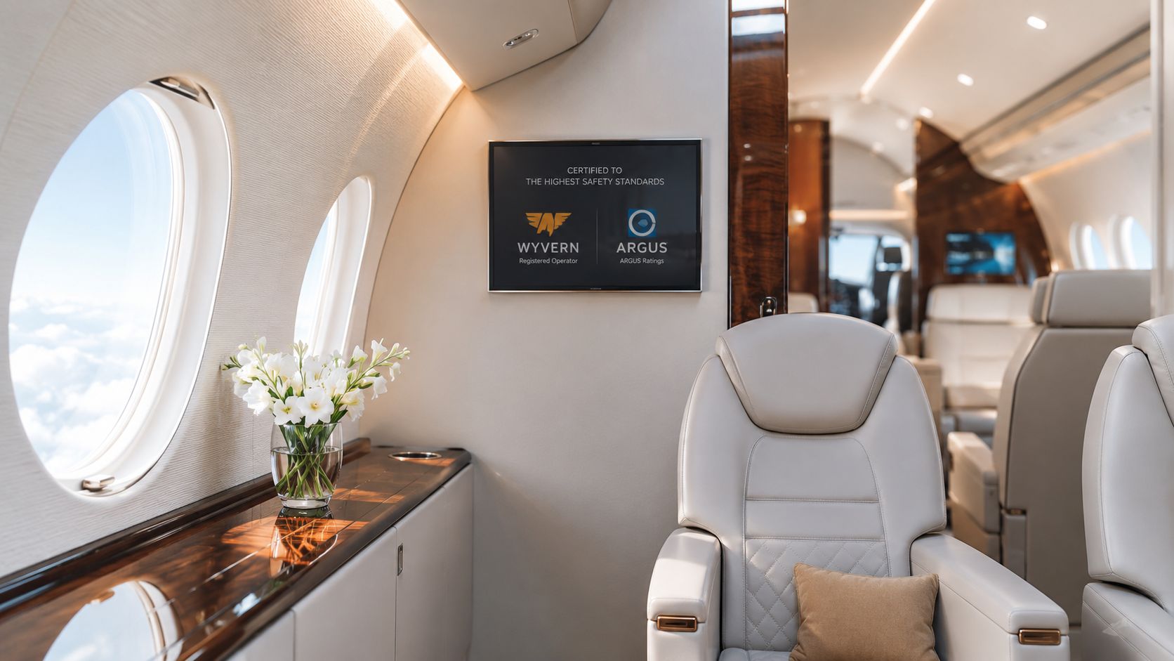 A view inside a luxury private jet cabin featuring comfortable seats and a safety certification display.
