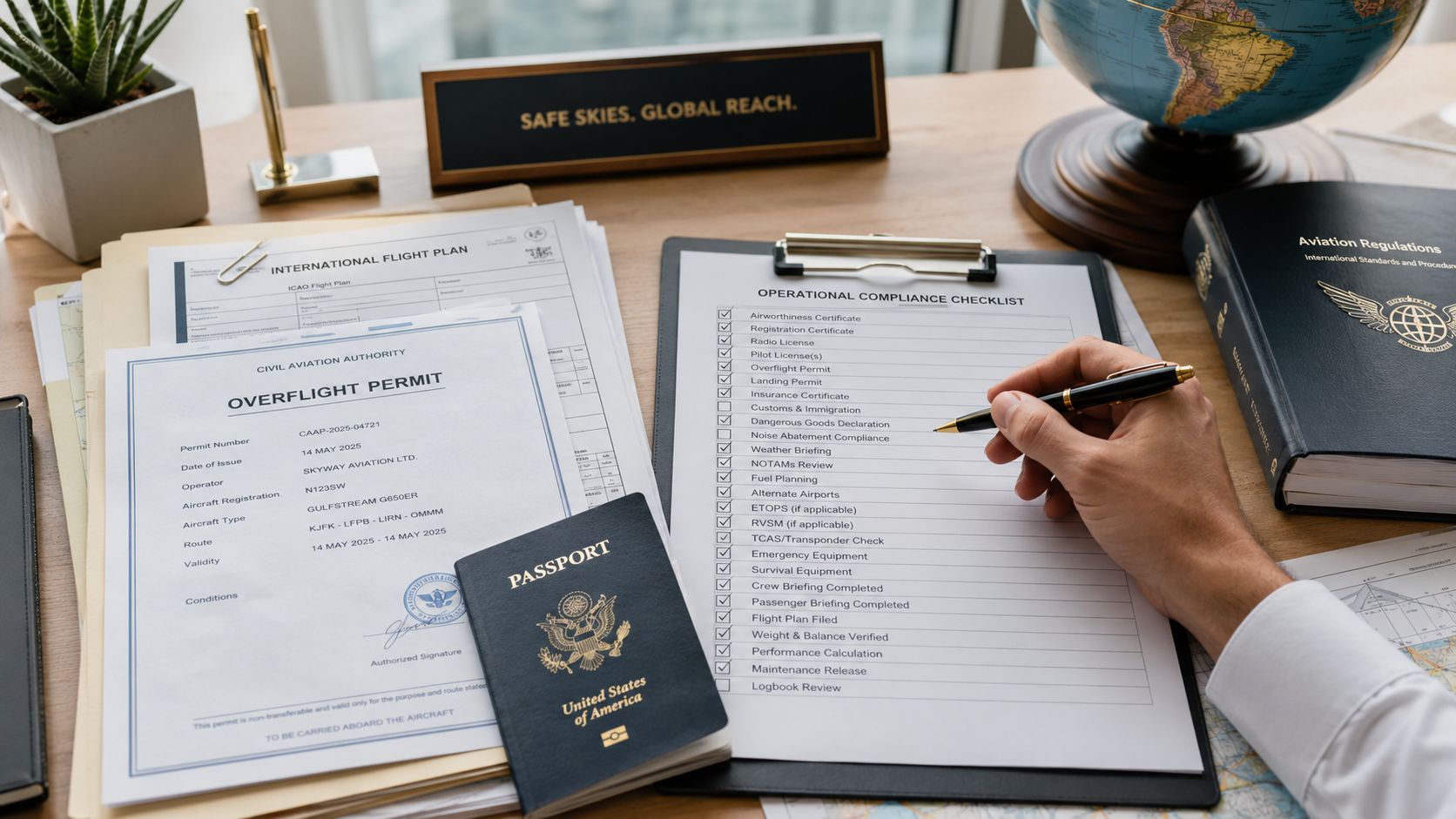 A pilot checks an operational compliance checklist for a private jet international flight plan.