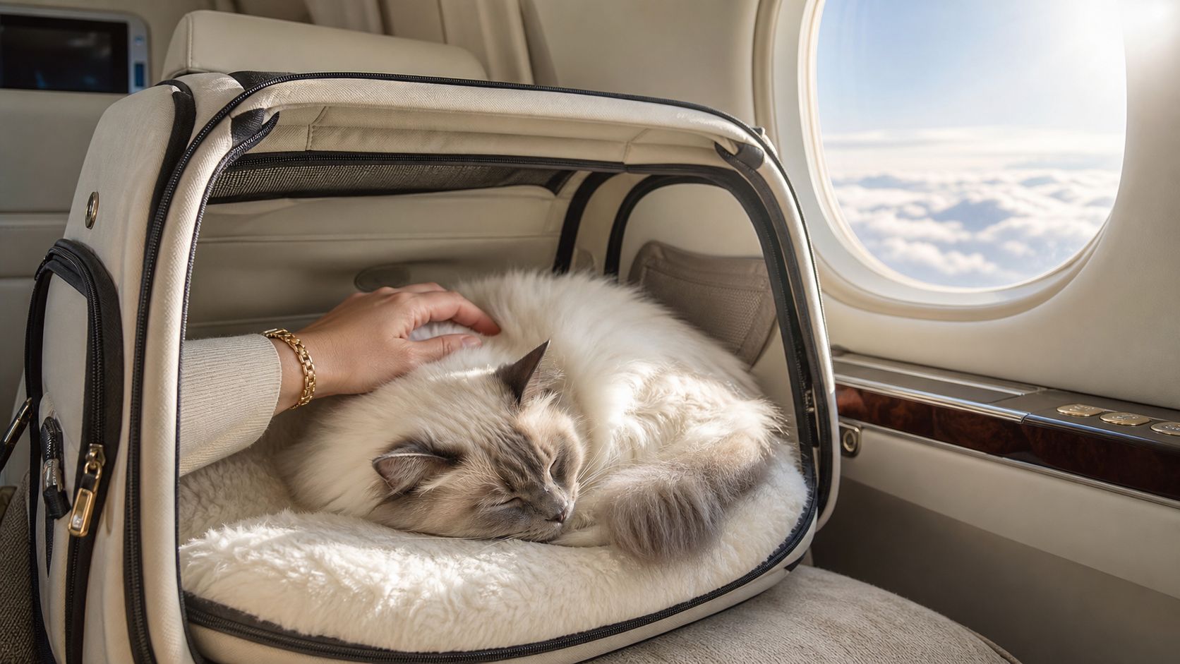 A person petting a fluffy cat sleeping inside a travel carrier on an airplane seat.