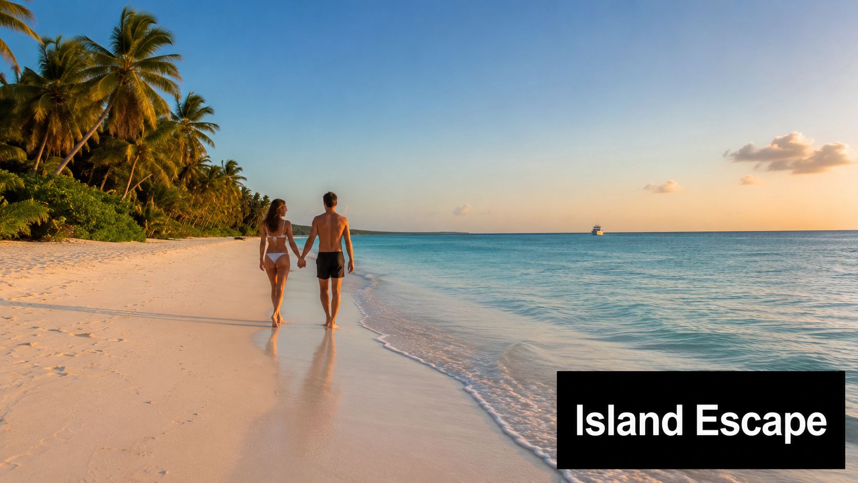 A couple holds hands walking along a serene white sandy beach during a beautiful tropical sunset