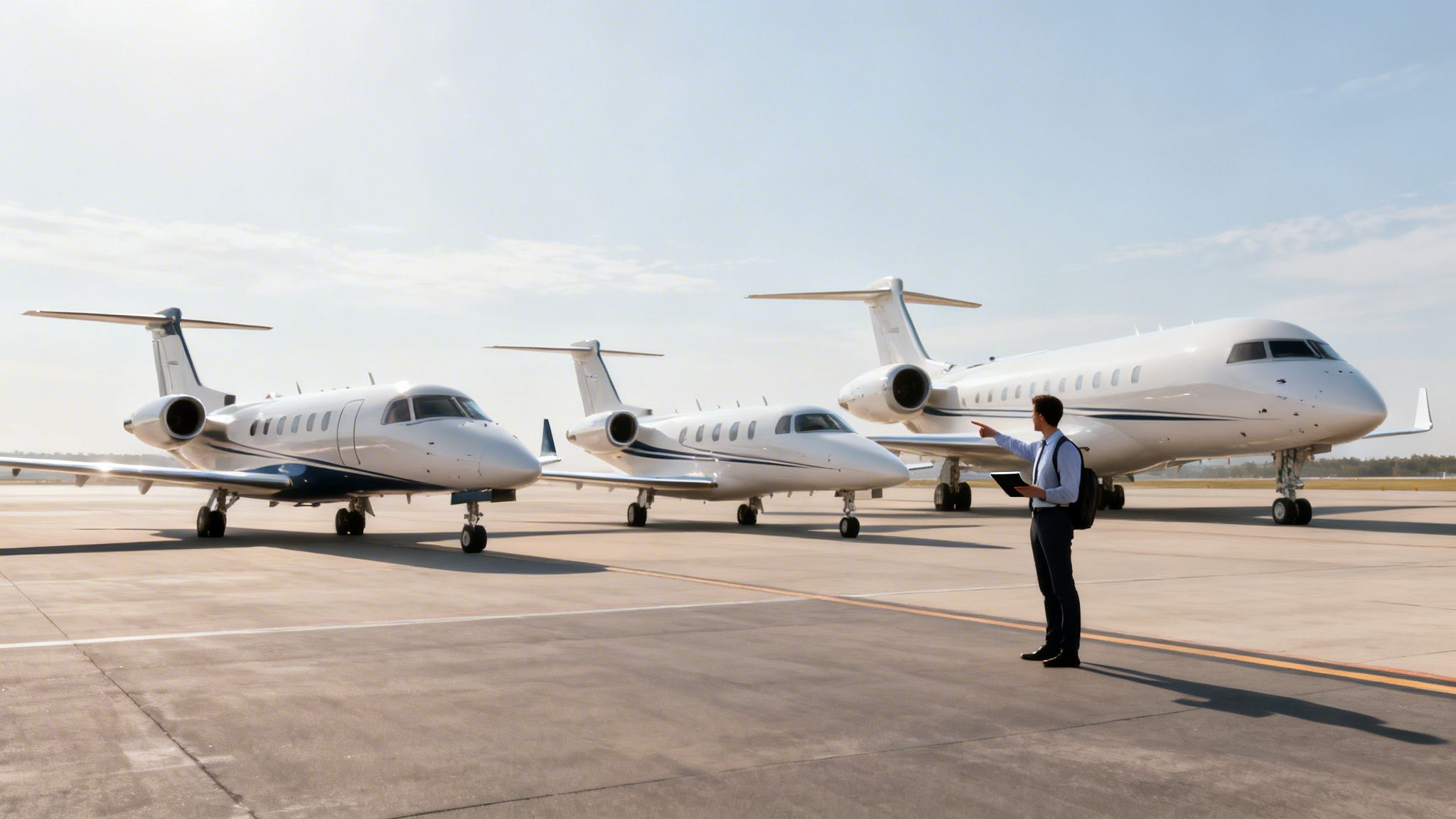A man in business casual attire points at three sleek private jets on an airport tarmac.