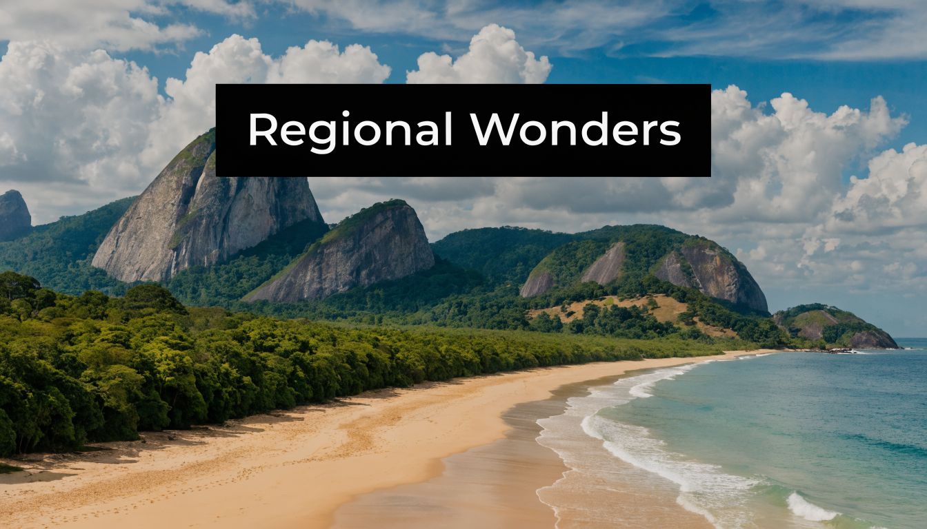 A scenic view of a sandy Brazilian beach framed by lush green mountains and blue ocean waters.