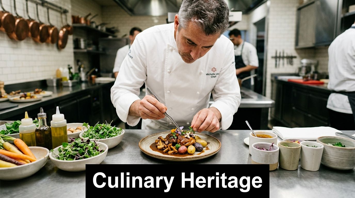 A professional chef carefully garnishes a beautifully plated gourmet meal in a busy restaurant kitchen.