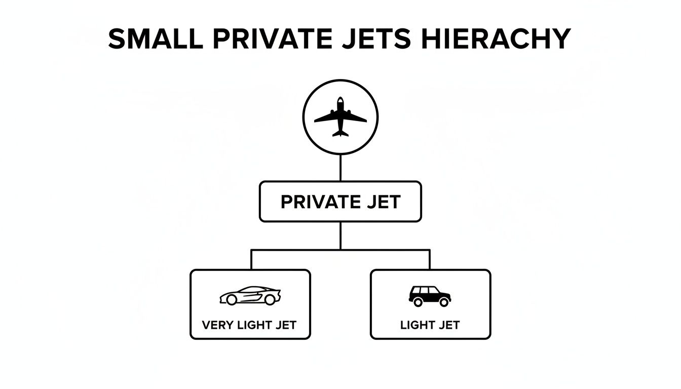 A black and white diagram illustrating the hierarchy of small private jets, including very light and light jet categories.