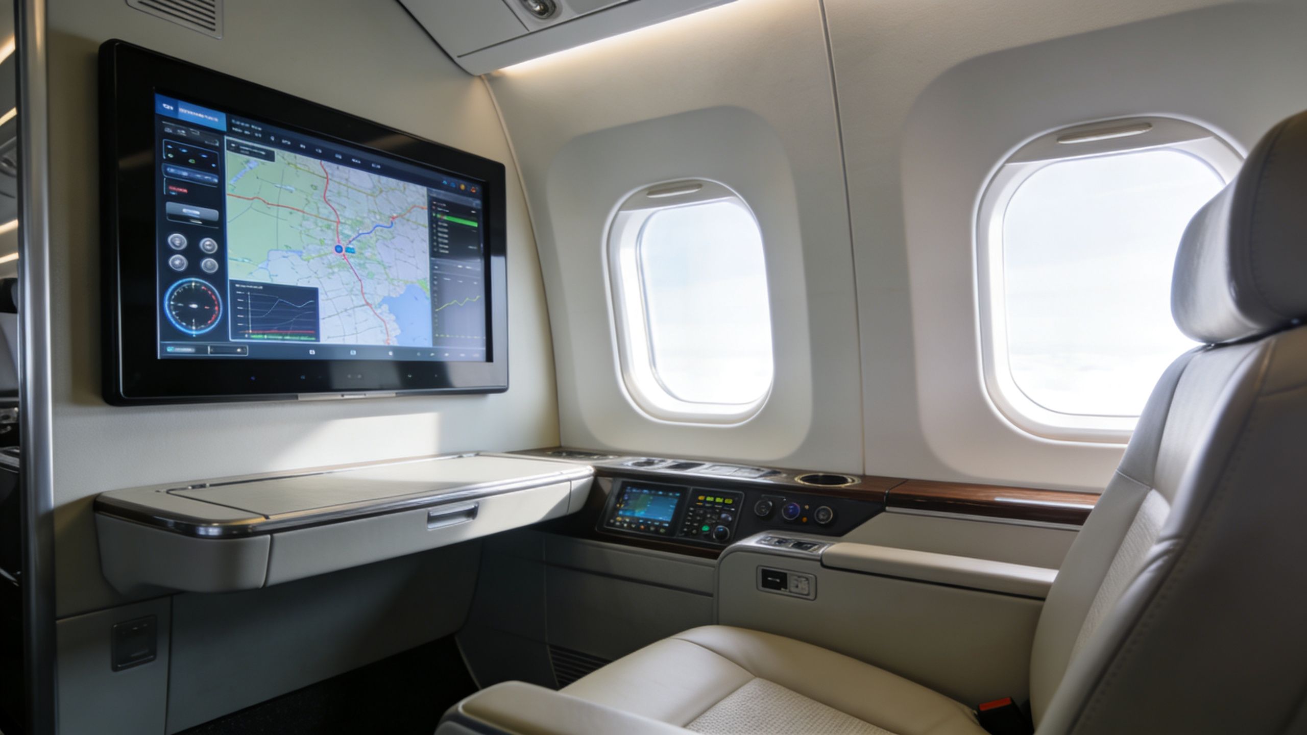 A modern and luxurious private jet cabin interior featuring a display screen and comfortable leather seating.