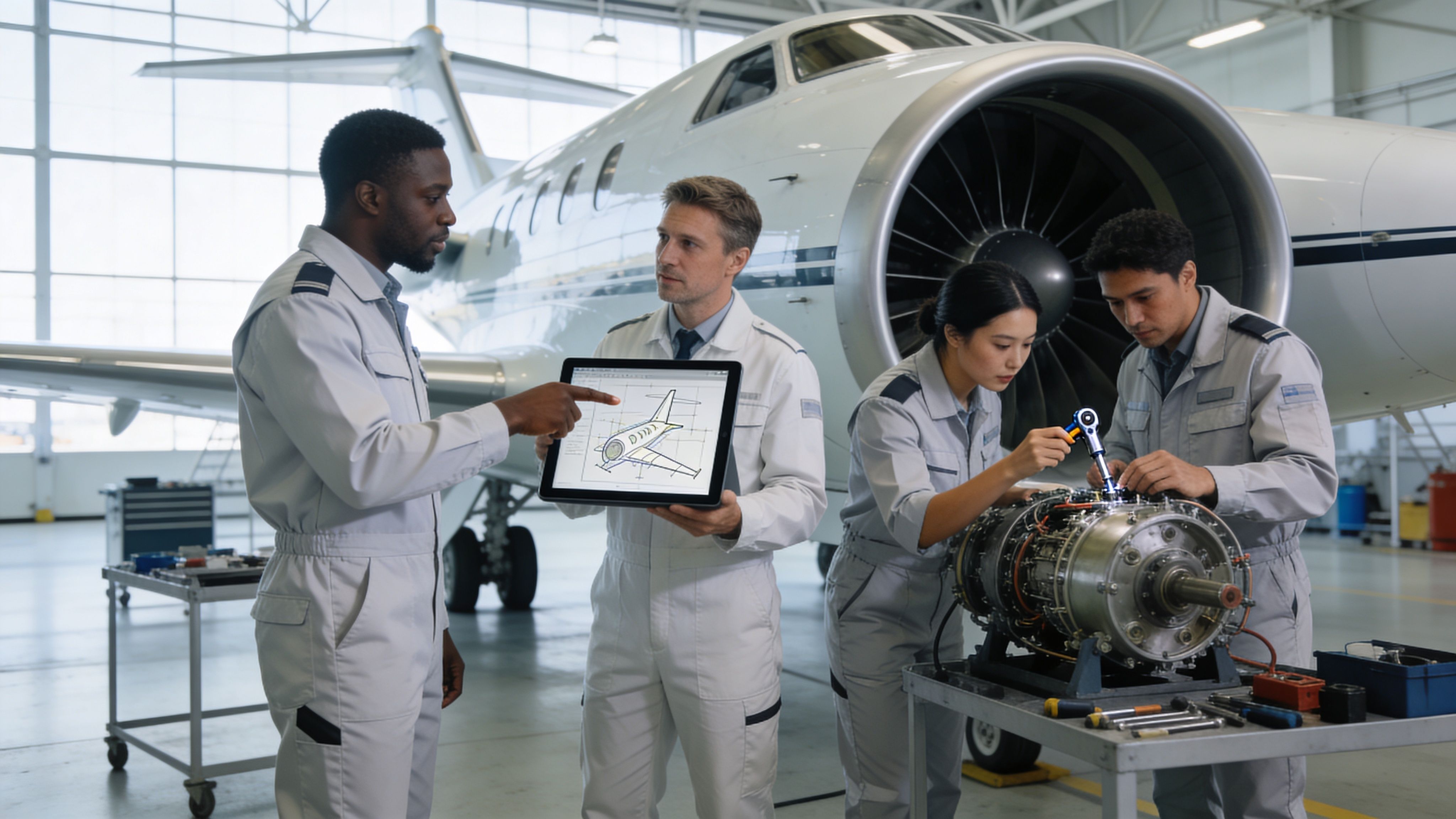 Diverse team of aircraft mechanics collaborating on engine repairs and reviewing technical plans in a hangar.