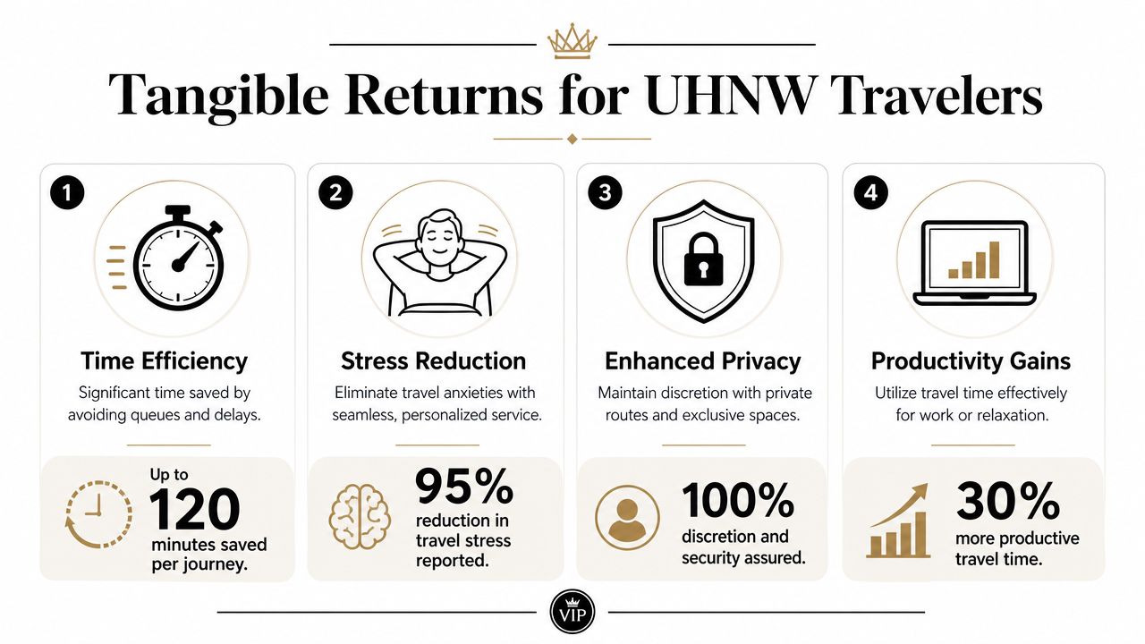 An infographic detailing the benefits of VIP airport concierge services for ultra-high-net-worth travelers.