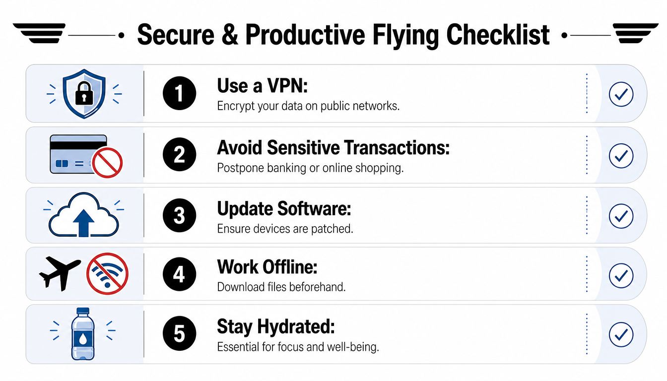 A checklist of tips for staying secure and productive while traveling by airplane with digital devices.