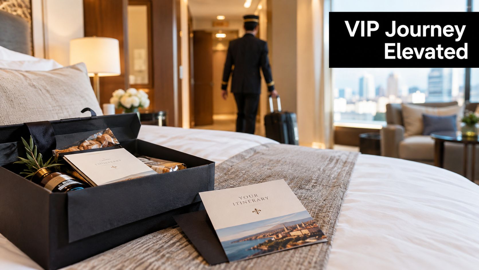 A luxury hotel room featuring a personalized itinerary and welcome gift box on the bed with staff