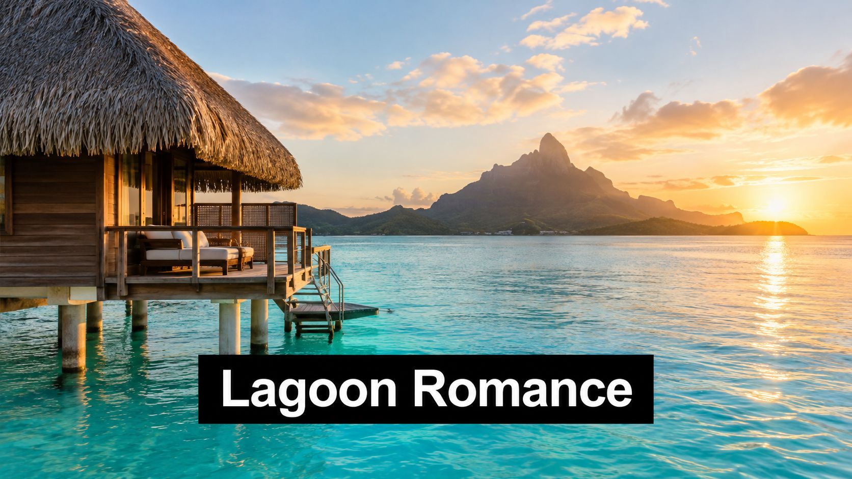 An overwater bungalow at sunset in a tropical lagoon with Mount Otemanu in Bora Bora, French Polynesia.