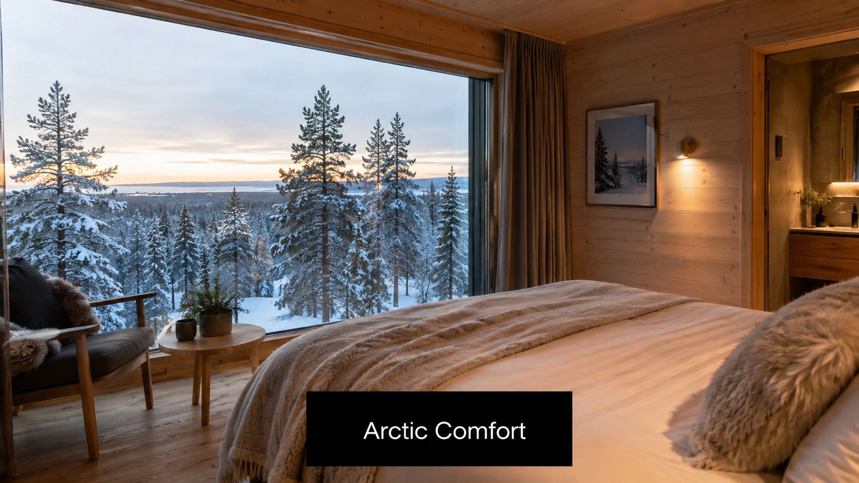 A luxurious bedroom in the Arctic Treehouse Hotel featuring a panoramic forest view and cozy wooden interior design.