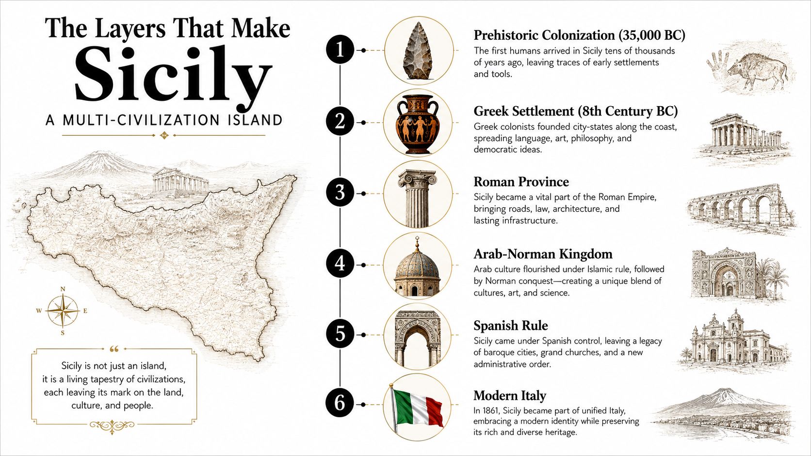 An infographic showing the historical timeline of civilizations in Sicily from prehistoric colonization to modern Italy.