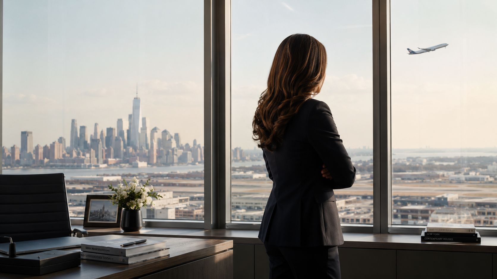 A businesswoman looks out an office window at the New York City skyline and a departing airplane.