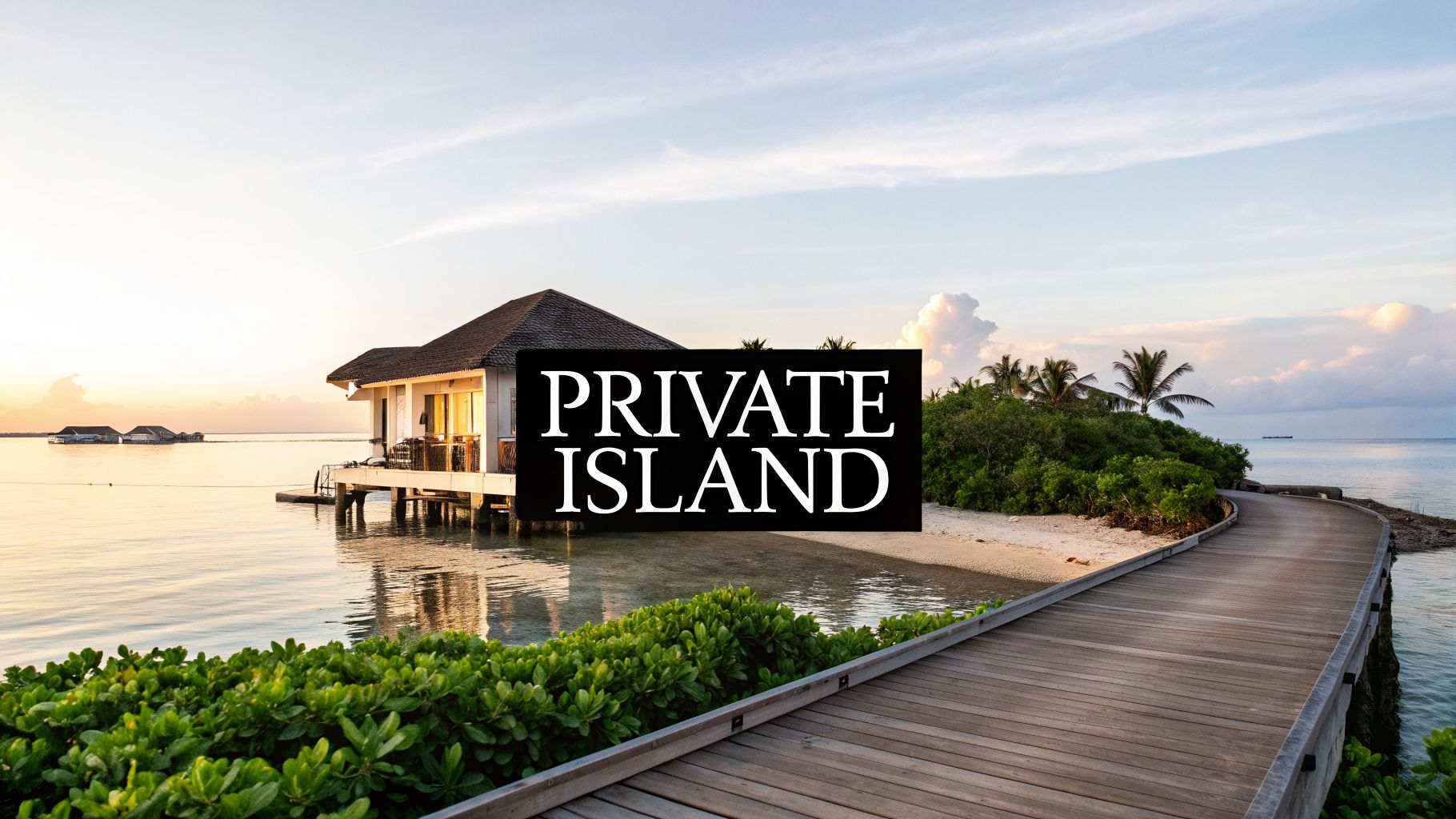 Beautiful private island resort with an overwater bungalow, wooden path, and sunset sky.