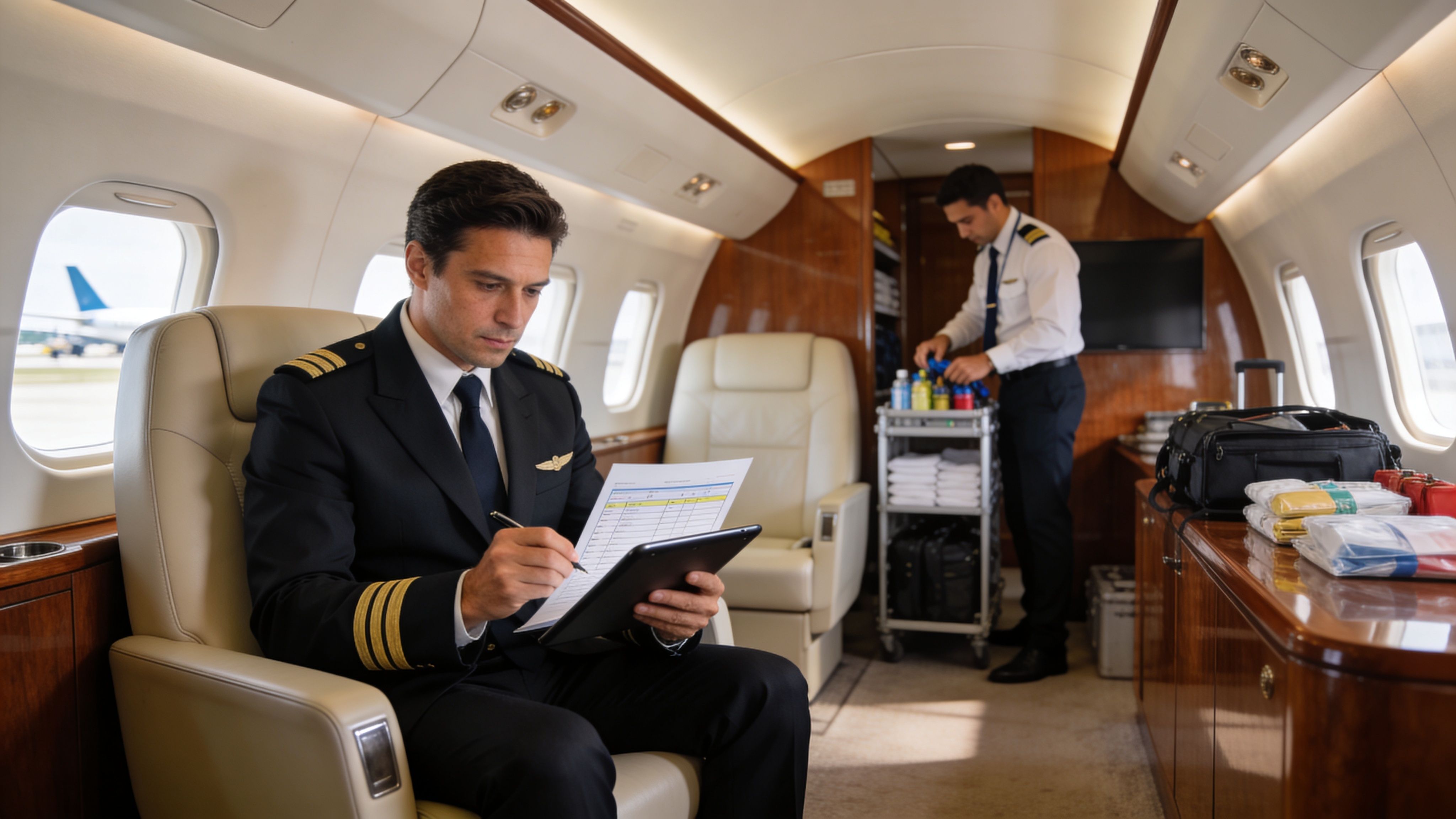 A professional pilot sitting in a private jet cabin reviewing flight documents while his colleague works nearby.