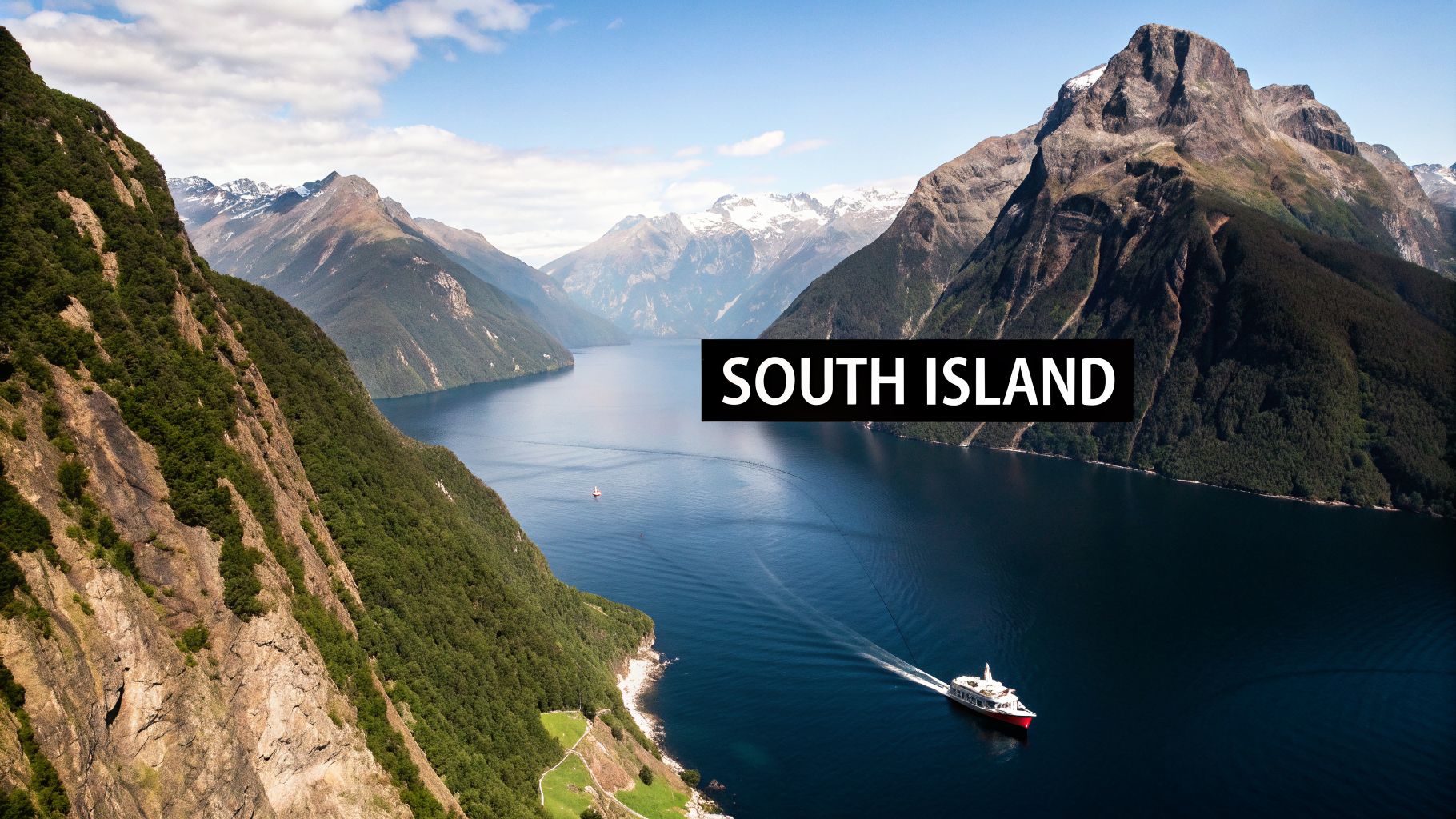 Panoramic view of a stunning New Zealand fjord, with a tour boat navigating deep blue waters amidst towering, forested mountains.