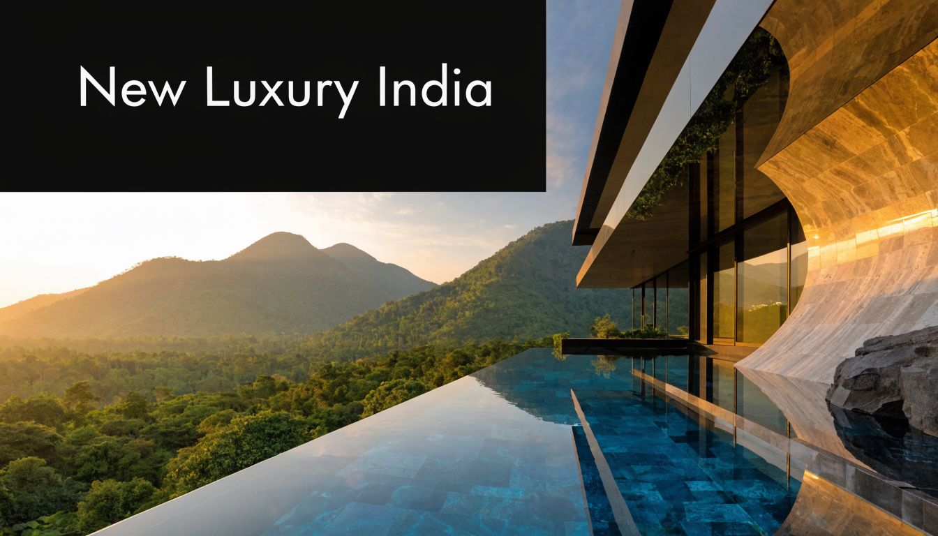A luxurious infinity pool overlooking a sunset view of a lush green mountain forest in India.