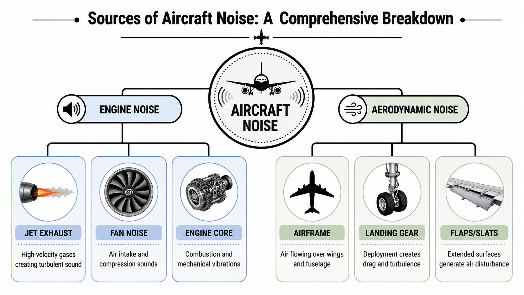 A diagram illustrating the two primary sources of aircraft noise, engine noise and aerodynamic noise, broken down into subcategories.