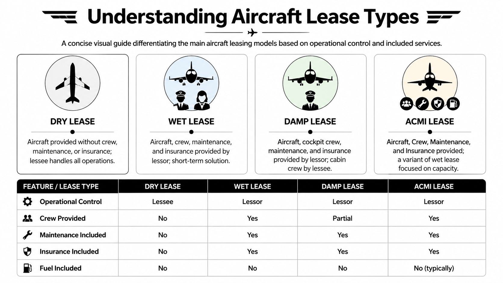 An infographic detailing the differences between dry, wet, damp, and ACMI aircraft leasing models in aviation.