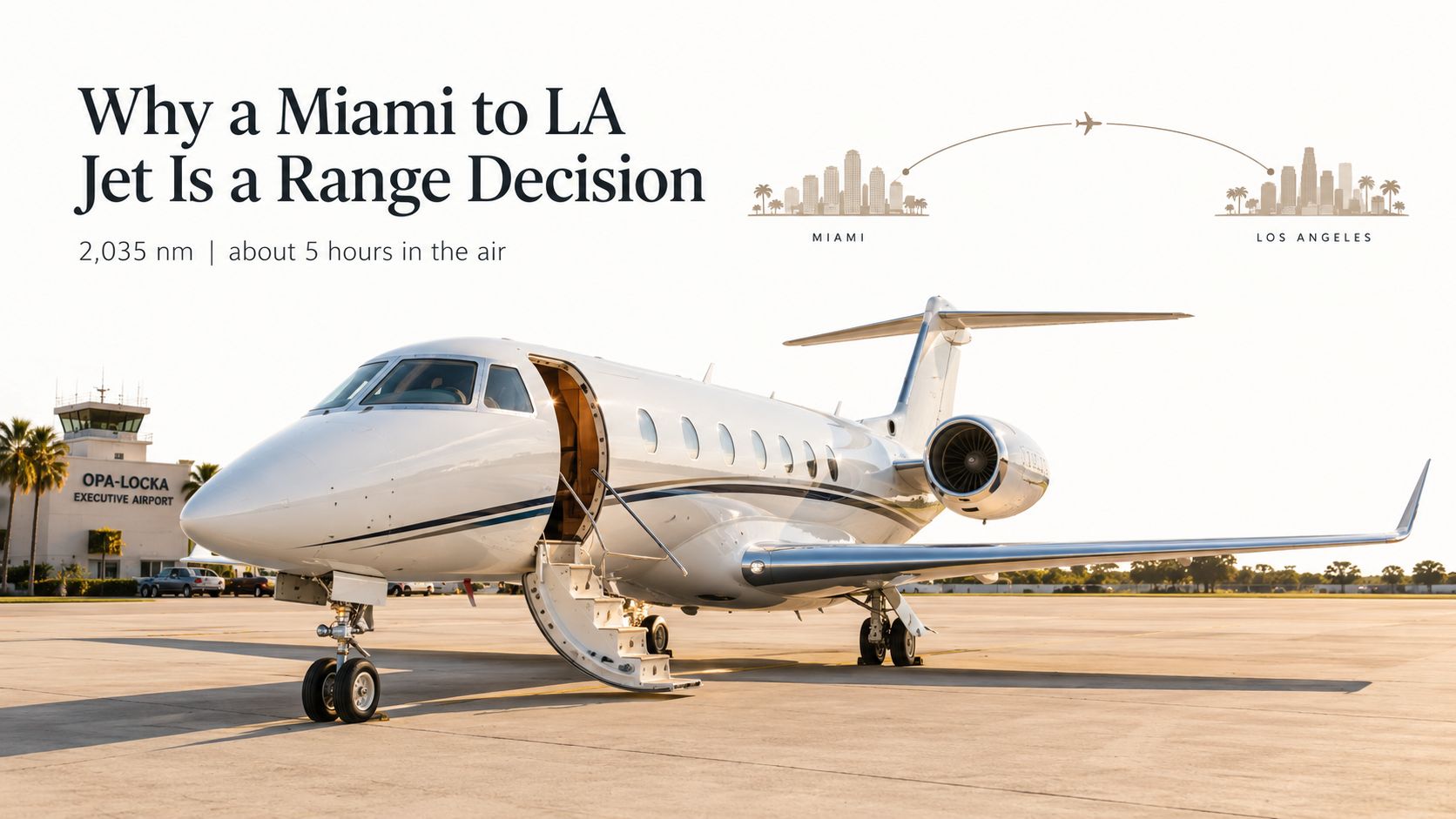A luxurious private jet parked on the tarmac at Opa-locka Executive Airport before a flight to Los Angeles.