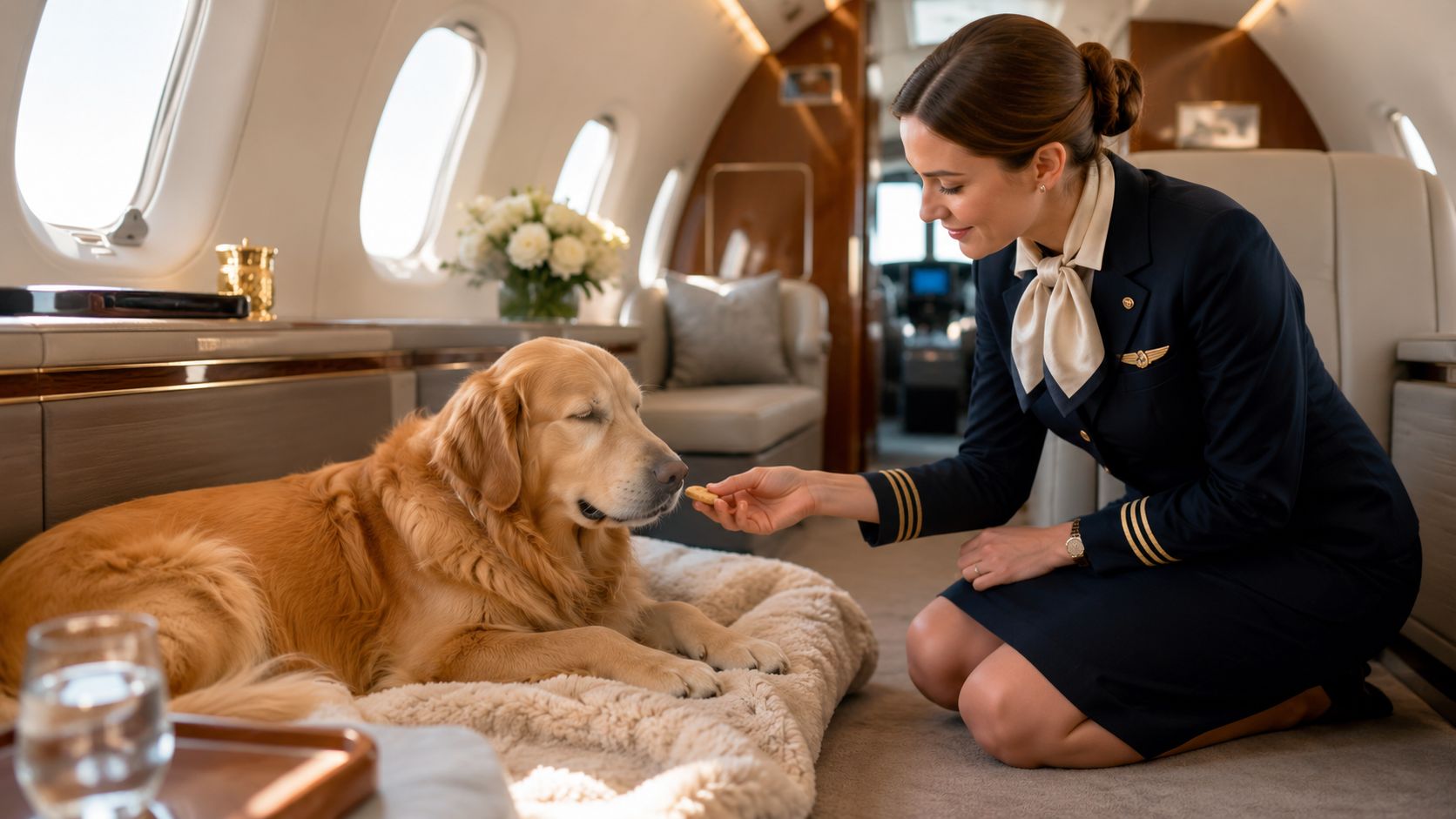 A smiling flight attendant kneeling to feed a golden retriever a treat inside a luxury private jet.