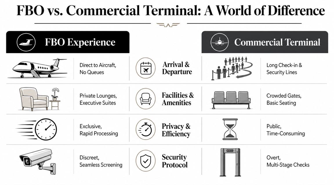 A comparison chart showing the differences between a private FBO experience and a public commercial airport terminal.