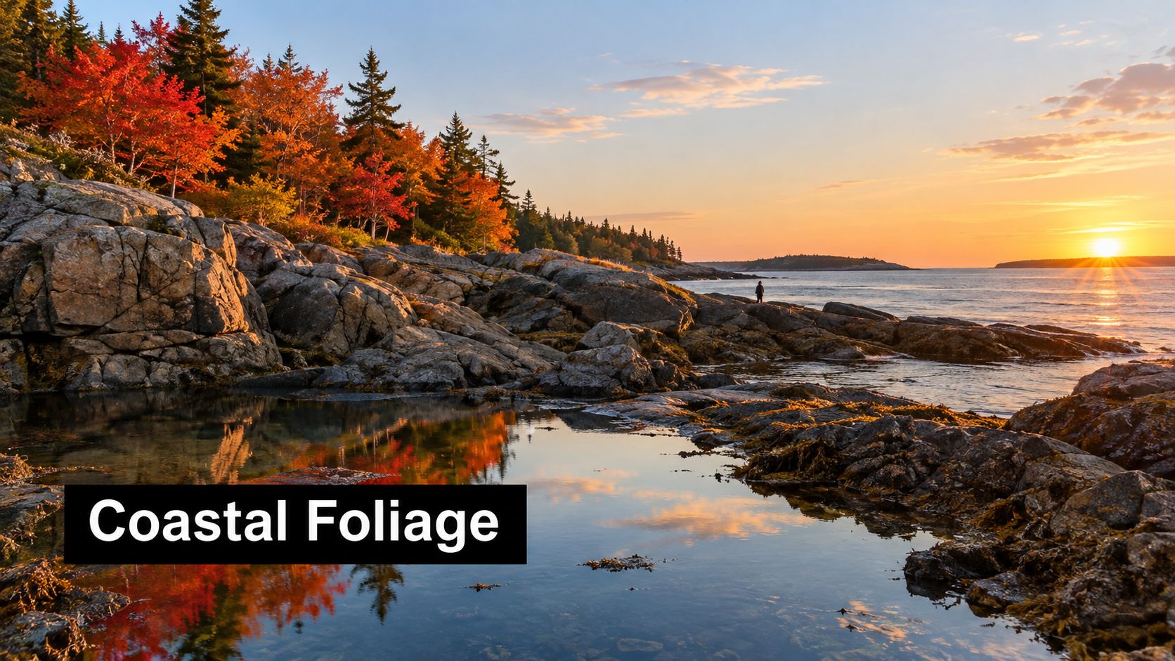 A person stands on rocky coastal cliffs watching the sunset over a serene bay during autumn foliage.