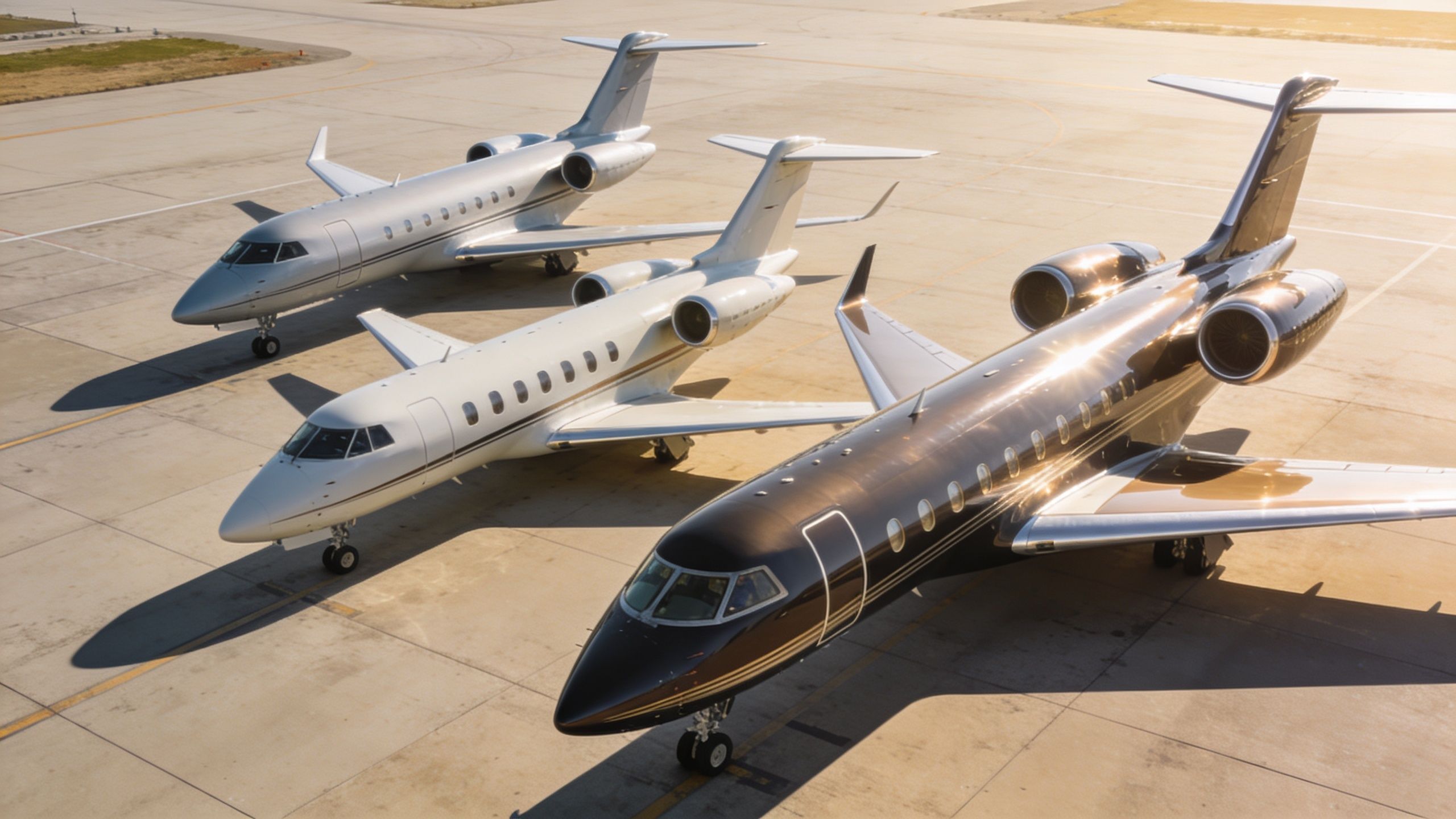 Three luxurious private jets parked side by side on an airport tarmac during a sunny day.