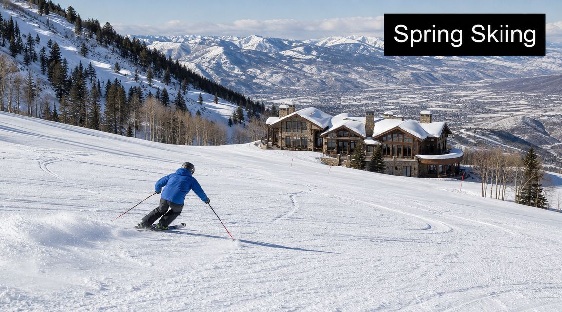 A skier descends a snowy slope past a luxurious mountain lodge with stunning panoramic mountain views.